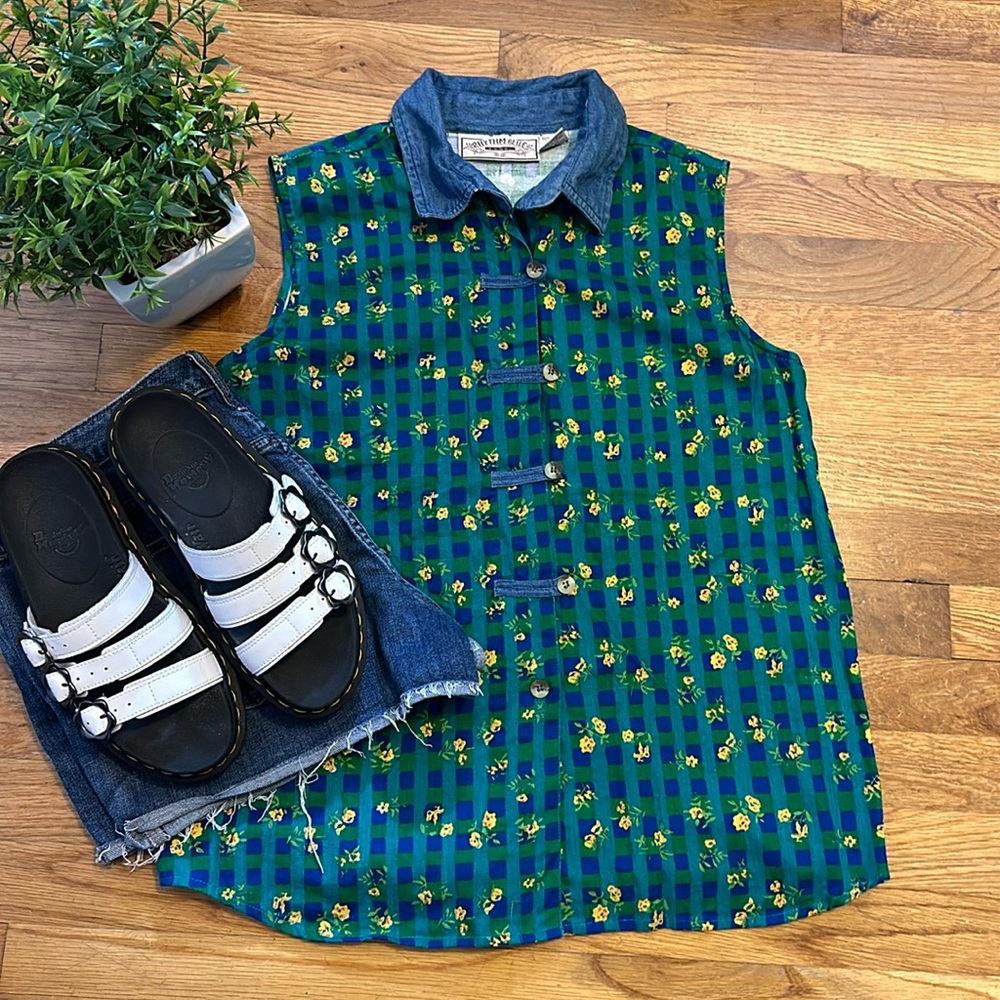 Rhythm Blue Vintage 90s Checker Flower Green Sleeveless Denim Size Medium